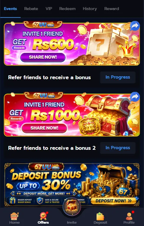 67UU Game offers and referral bonus screen