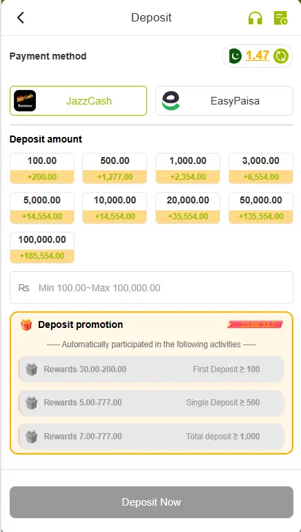 VH777 Game deposit screen showing JazzCash and EasyPaisa options