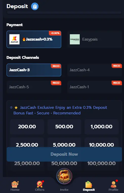 67UU Game deposit page JazzCash Easypaisa options
